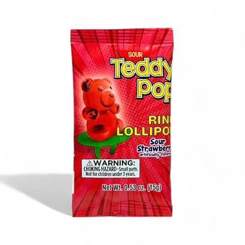 Teddy Pop Sour Strawberry Ring Lollipops - 40 Count