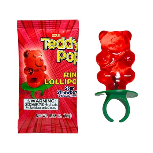 Teddy Pop Sour Strawberry Ring Lollipops - 40 Count