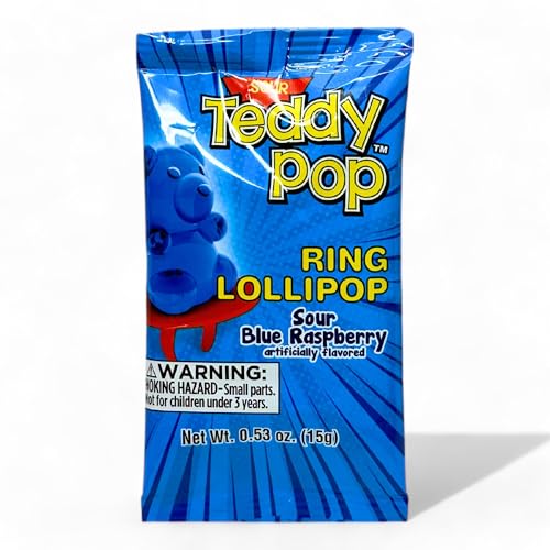 Teddy Pop Sour Blue Raspberry Ring Lollipops - 40 Ct